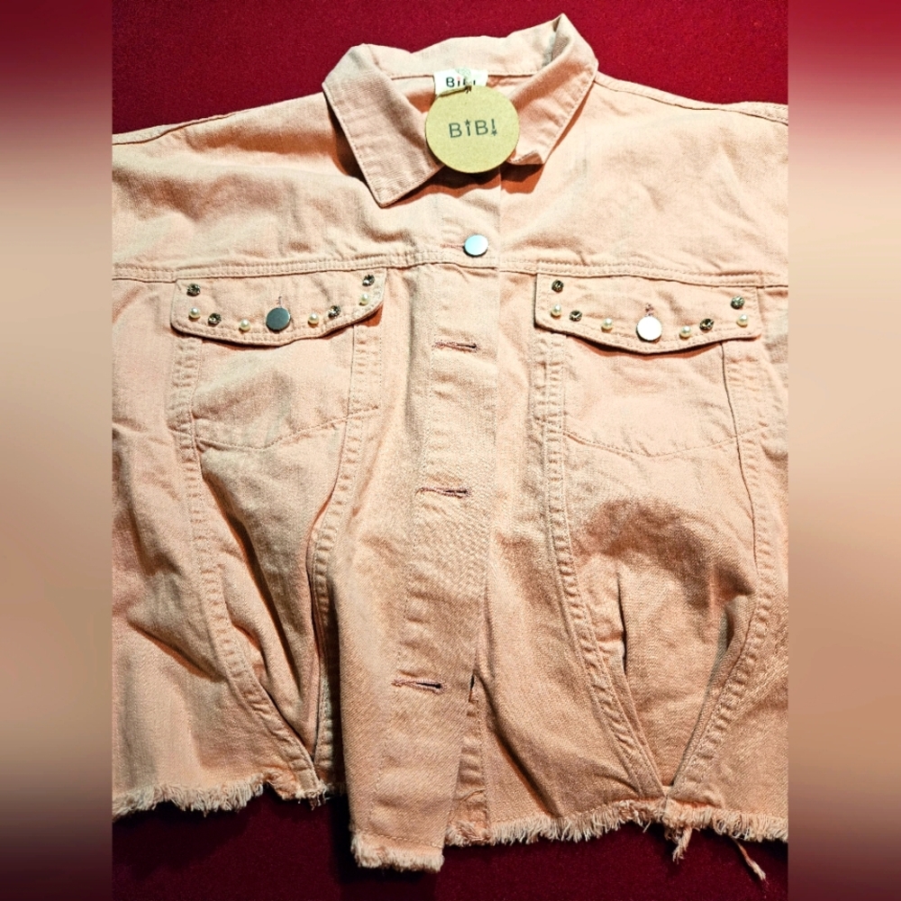BiBi blush pearl/bling distressed denim jacket. Size small